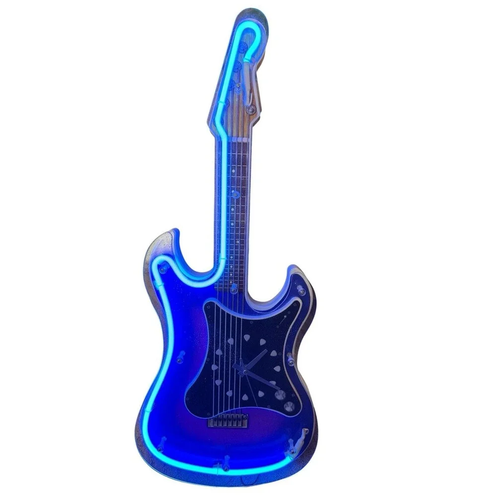 1990 Vintage Stratocaster Blue Neon Light Guitar Wall Clock 29 In & Adapter